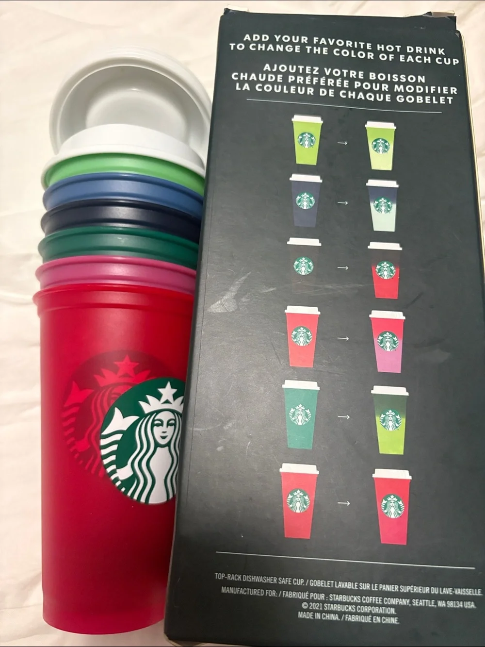 Starbucks Set of Color-Change Cups in Red, Green, Blue, Pink, White